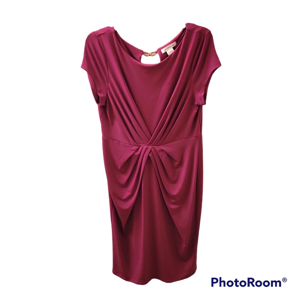 Liz Claiborne Knee Length Cap Sleeve Dress with Pleat Detailing in Fuschia, L